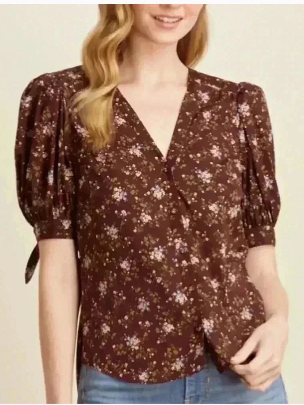 Veronica Beard Brown Floral V-Neck Puff Sleeve Blouse